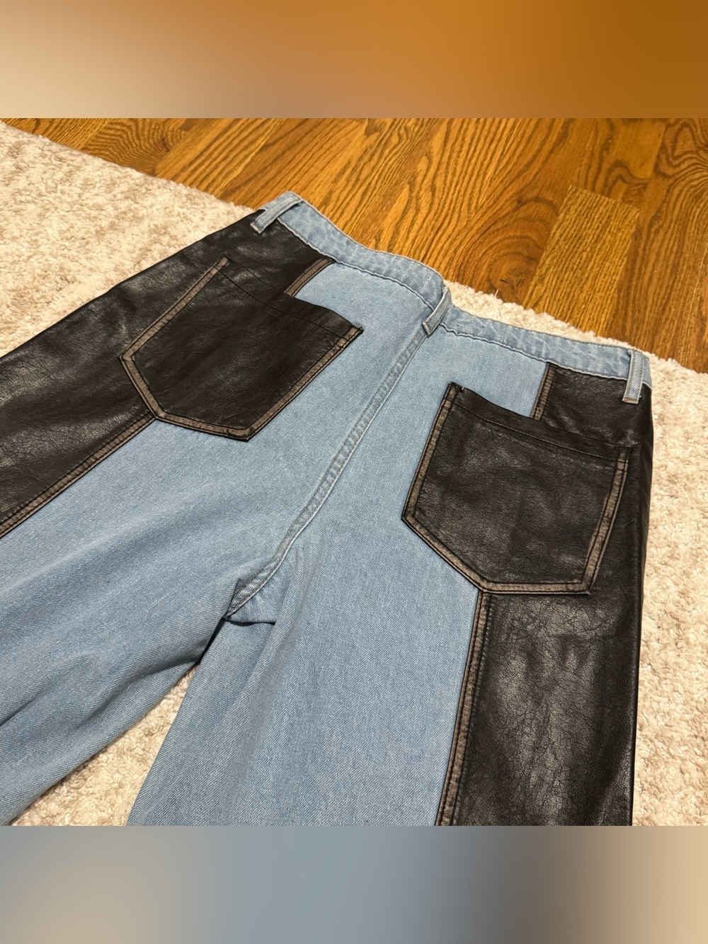Light Blue Denim Straight Leg Jeans with Black Leather Panels